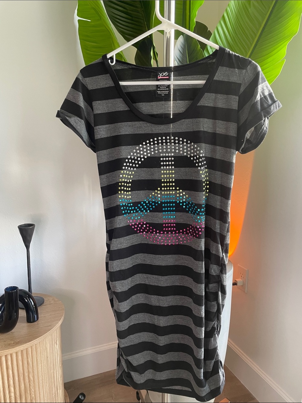 Joe Boxer Black & Gray Striped Tee Dress with Multicolor Rhinestone Peace Sign